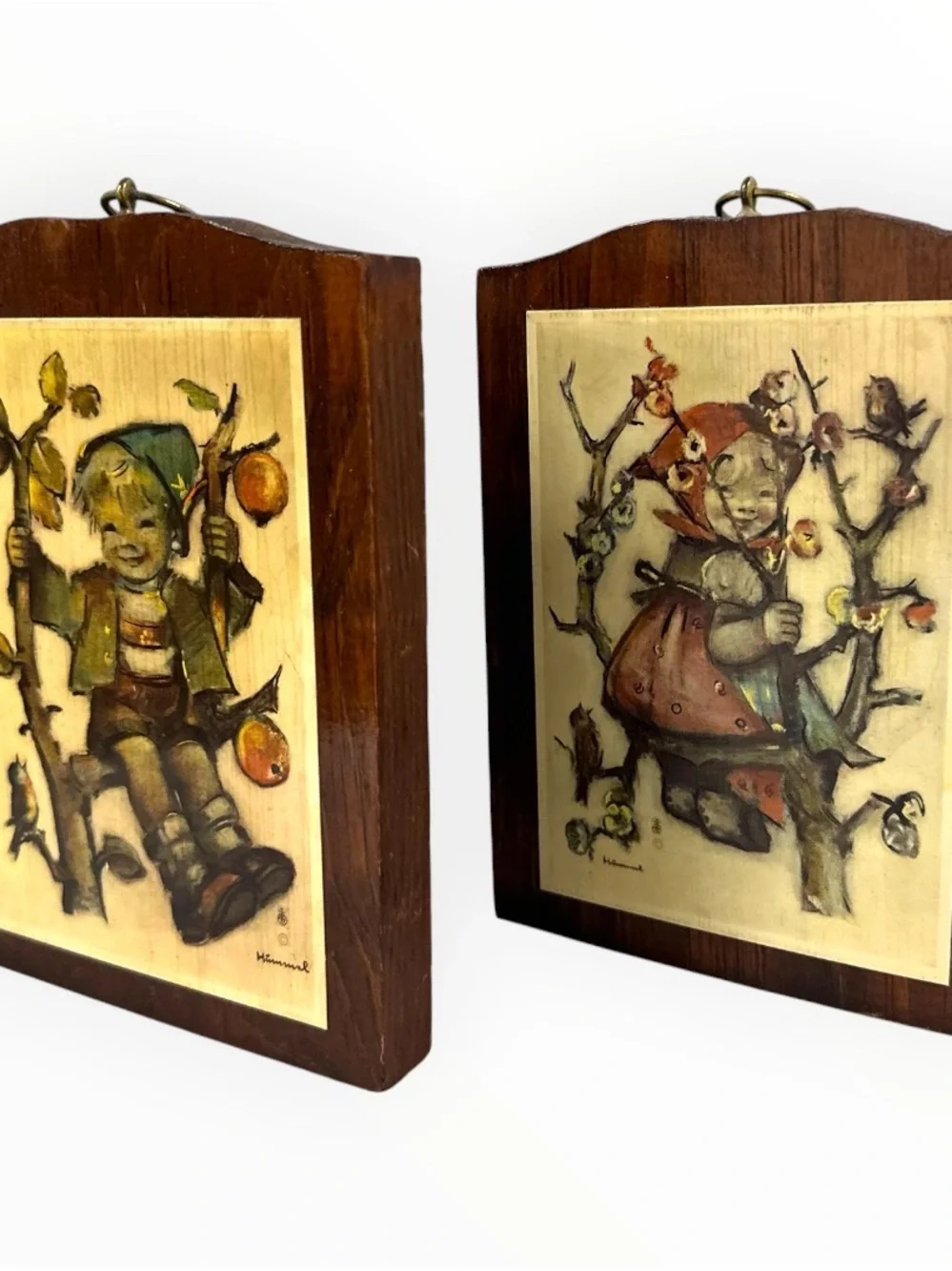 Vintage M.I. Hummel Apple Tree Boy & Girl 7.25” Wood Wall Plaques Set of 2